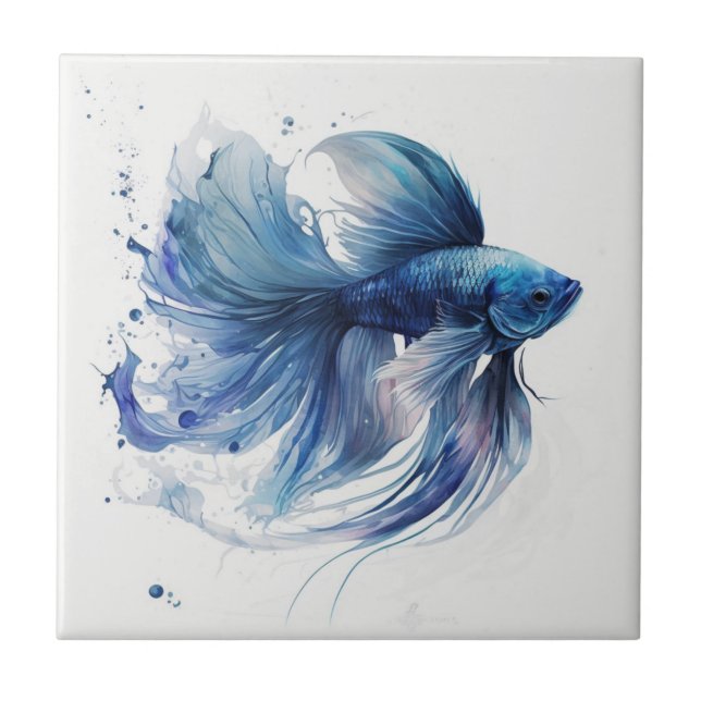 Fighting Fish Blue Watercolor Ceramic Tile (Front)