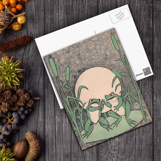 Fighting Green Frogs Lily Pad Postcard (Two cute green frogs arguing on lily pad full moon on black postcard.)