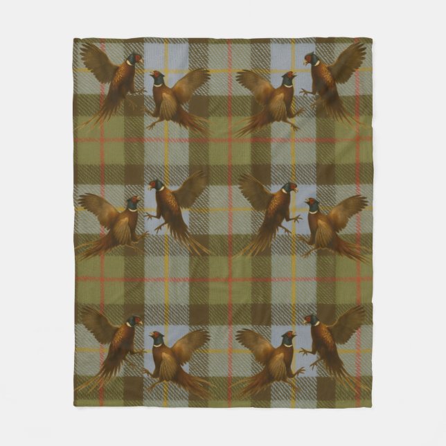 Fighting Pheasants on tweed / tartan background  Fleece Blanket (Front)