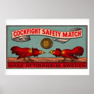Fighting Roosters Matchbox Art Print, Swedish Poster