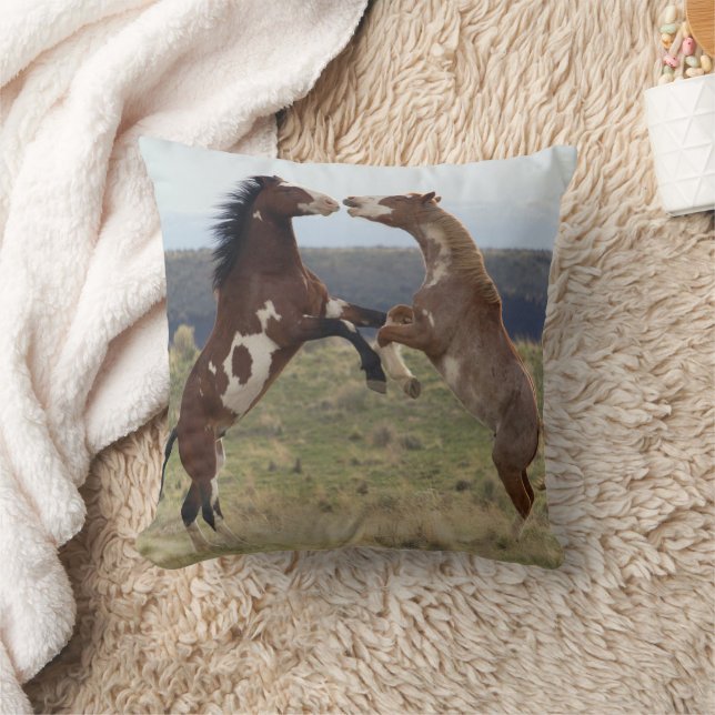 Fighting Stallions, Steens Mountains, Oregon Throw Pillow (Blanket)