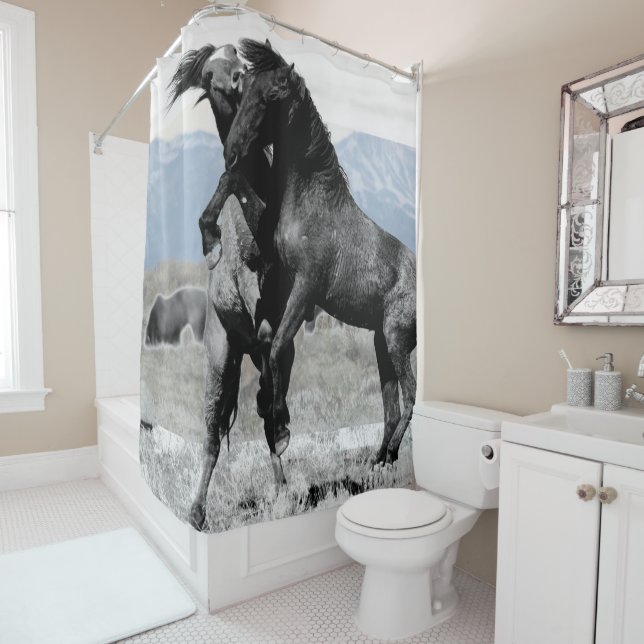 FIGHTING WILD HORSES PHOTOGRAPH SHOWER CURTAIN (In Situ)