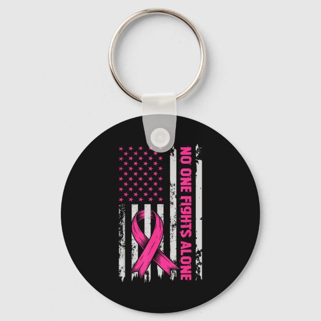 Fights Breast Cancer Alone Us Flag Nk Ribbon  Keychain (Front)