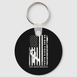 Fights Lung Cancer Alone American Flag White Ribbo Keychain