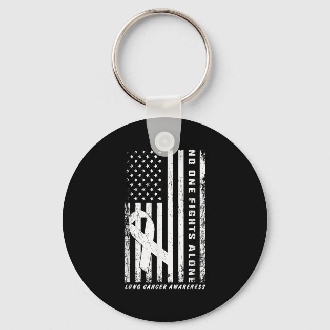 Fights Lung Cancer Alone American Flag White Ribbo Keychain (Front)
