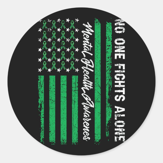 Fights USA Flag Mental Health Awareness Green Classic Round Sticker (Front)