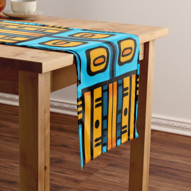 Figurative Abstract Bold Blue Orange Short Table Runner (In Situ)