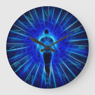 Figure emerges from light large clock