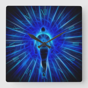 Figure emerges from light square wall clock