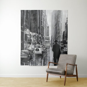 Figure in the rain black and white - art tapestry