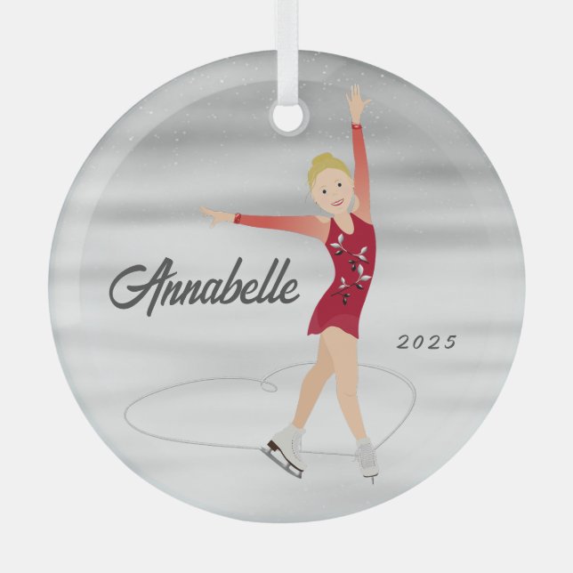 Figure Skater Blonde in Red Glass Ornament (Front)