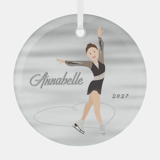Figure Skater Brown Hair in Black Glass Ornament (Front)