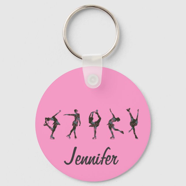 Figure Skaters, Pink, Grey Personalize Keychain (Front)