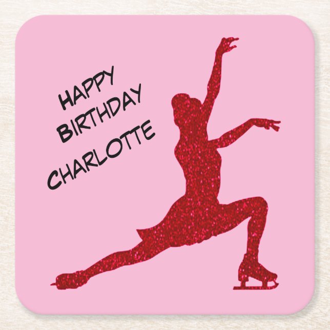 Figure Skating Birthday Pink / Red   Square Paper Coaster (Front)