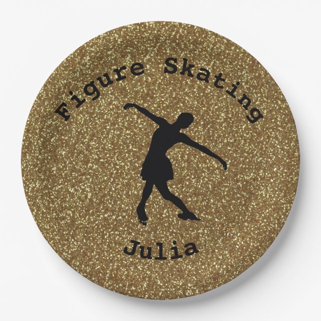 Figure Skating Gold Glitter Paper Plates w/Name (Front)