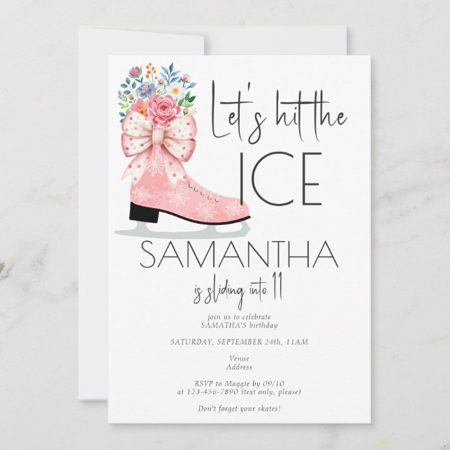 Figure Skating Pink Bow Teen Tween Birthday Party Invitation (Front)