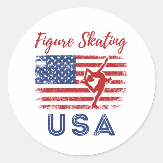Figure Skating USA American Flag Ice Skater Classic Round Sticker (Front)