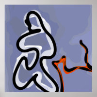 Figure with Feline: Abstract Blue, Orange, B & W