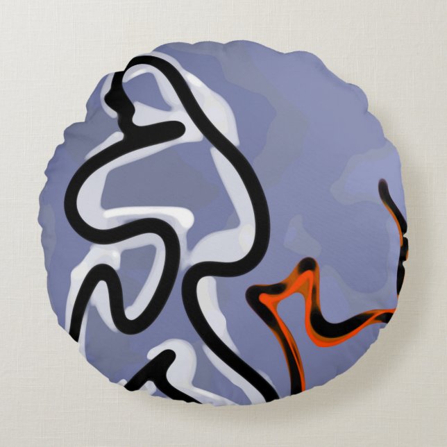 Figure with Feline: Abstract Blue, Orange, B & W Round Pillow (Front)