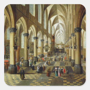 Figures gathered in a Church Interior Square Sticker