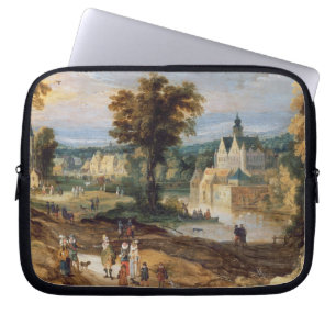 Figures in a landscape with village and castle bey laptop sleeve