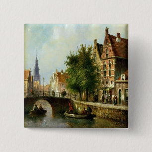 Figures on a Canal, Amsterdam (oil on panel) 2 Inch Square Button