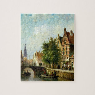 Figures on a Canal, Amsterdam (oil on panel) Jigsaw Puzzle