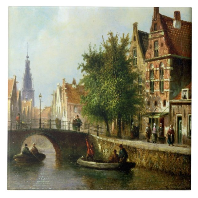 Figures on a Canal, Amsterdam (oil on panel) Tile (Front)