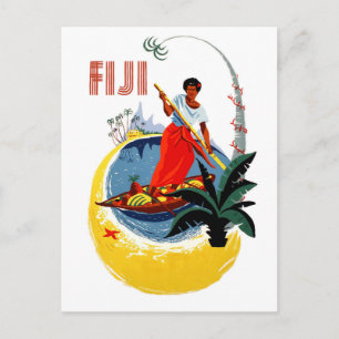 Fiji island, man on a small boat postcard
