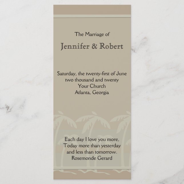 Fiji: Tropical Palm Trees in Taupe Wedding Program (Front)