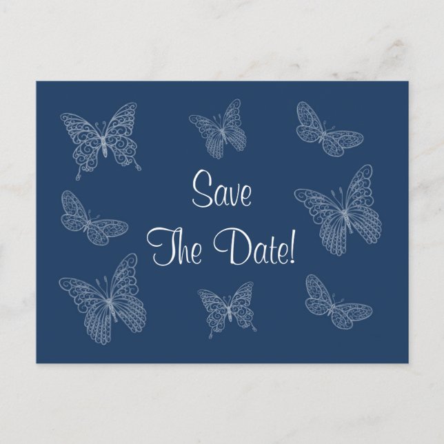 Filigree Butterfly Save the Date Postcard in Teal (Front)