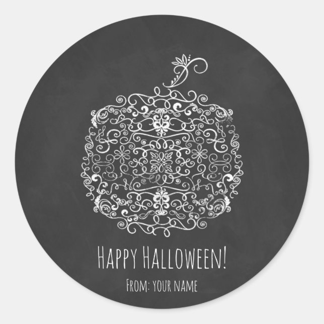 Filigree Chalkboard Fall Pumpkin Halloween Favour Classic Round Sticker (Front)