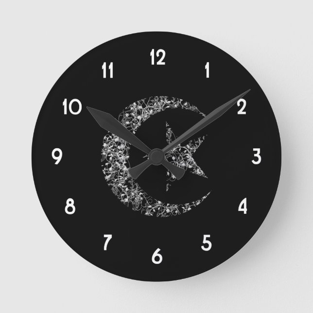 Filigree Crescent Moon and Star on Black Round Clock (Front)