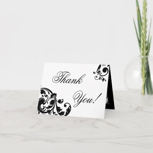 Filigree floral noir blanc plié Carte de remerciem (Devant)