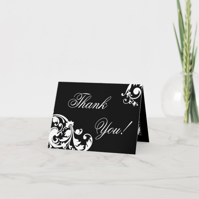 Filigree floral noir blanc plié Carte de remerciem (Devant)