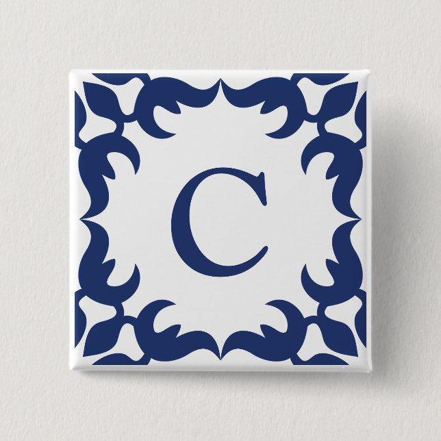Filigree Framed Monogram in Navy Blue 2 Inch Square Button (Front)