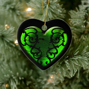 Filigree Goth Green Heart Ceramic Ornament
