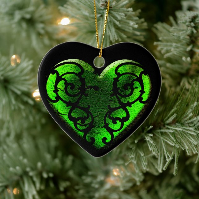 Filigree Goth Green Heart Ceramic Ornament (Tree)
