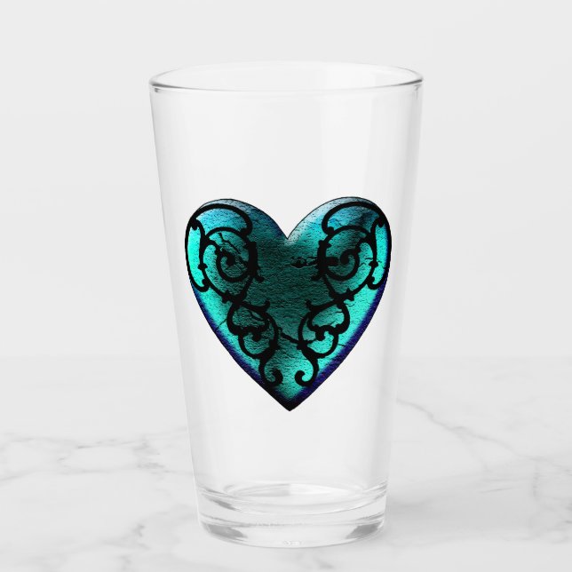 Filigree Goth Ice Blue Heart Glass (Front)