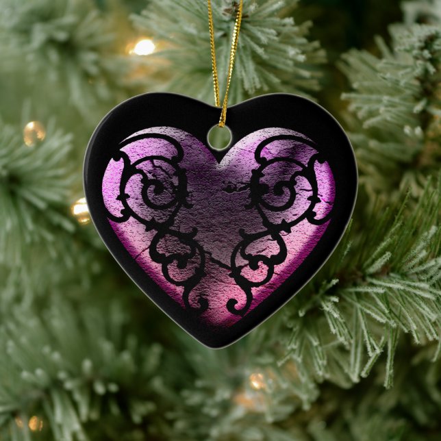 Filigree Goth Pink Heart Ceramic Ornament (Tree)