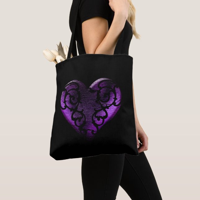 Filigree Goth Purple Heart Tote Bag (Close Up)
