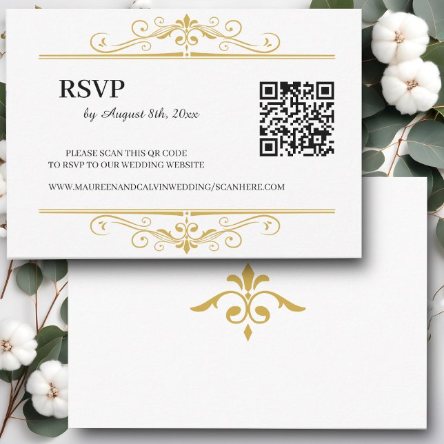 Filigree or élégant sur blanc, RSVP QR Code (Créateur téléchargé)