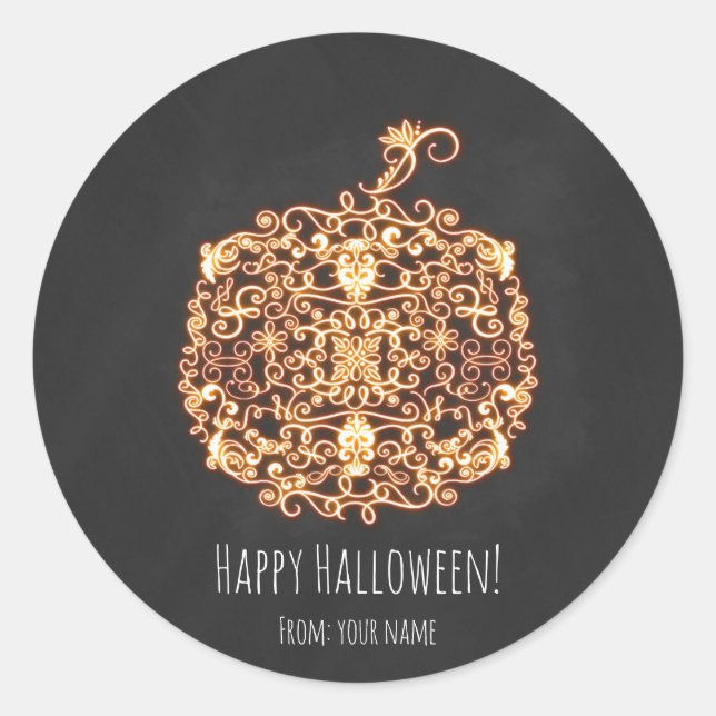 Filigree Orange Glowing Pumpkin Halloween Favour Classic Round Sticker (Front)