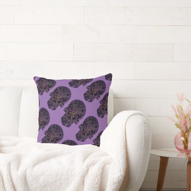 Filigree Skull in Shades of Purple Throw Pillow (Couch)