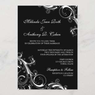 Filigree Swirl Black w/White 5x7 Wedding Invitation
