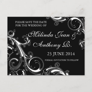 Filigree Swirl Black w/White Save the Date Announcement Postcard