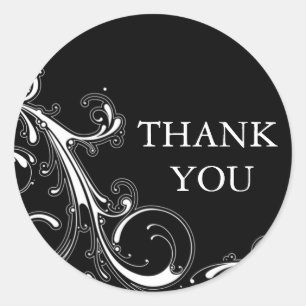 Filigree Swirl Black w/White Thank You Classic Round Sticker