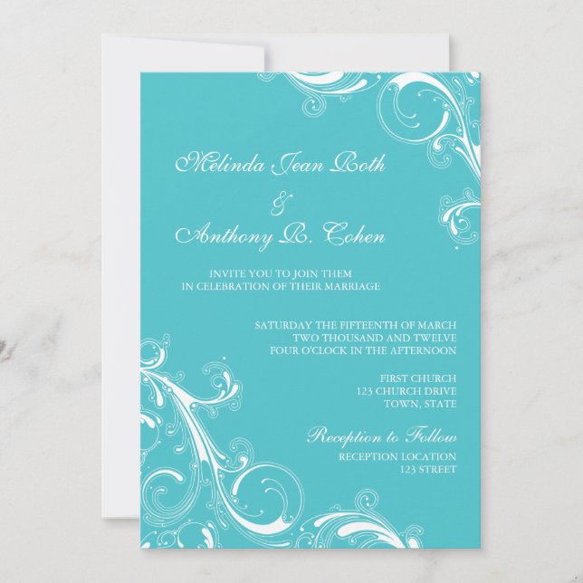 Filigree Swirl Blue Curacao Invitation (Front)