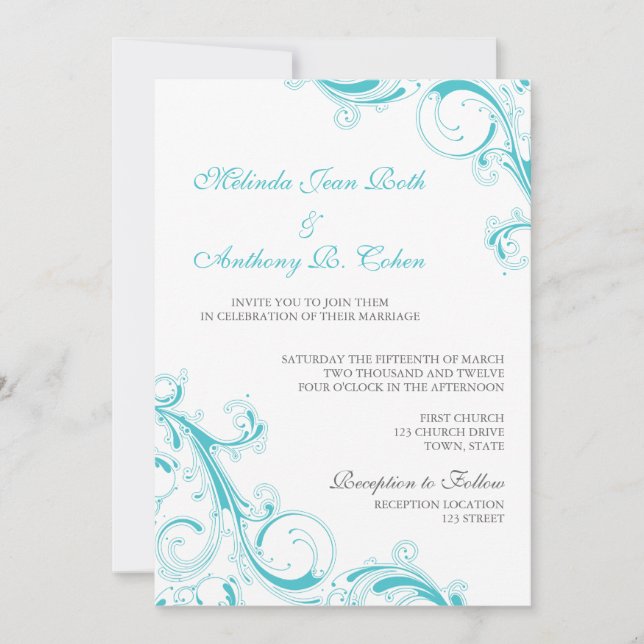 Filigree Swirl Blue Curacao Invitation (Front)