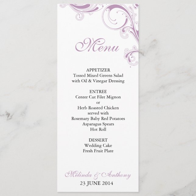 Filigree Swirl Violet Menu (Front)